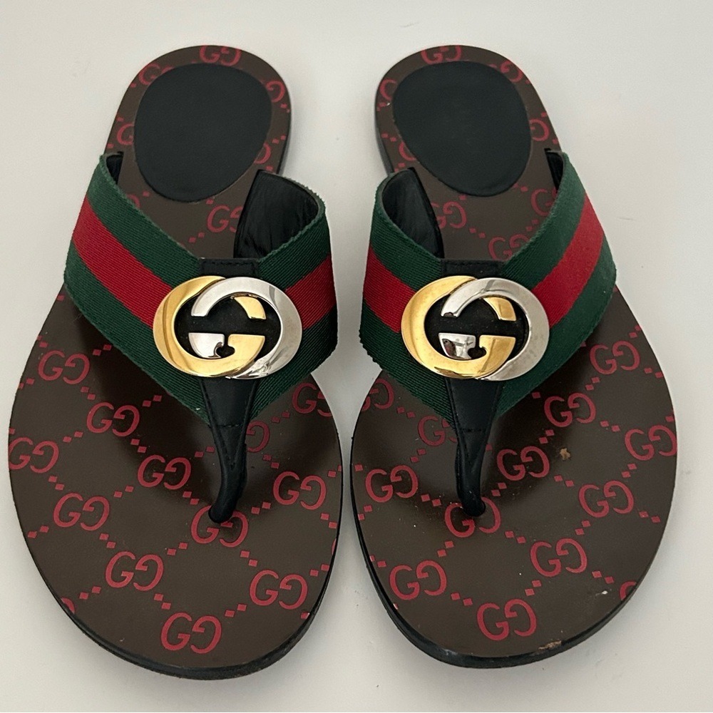 Gucci Kika Red Interlocking GG Thong Flip Flop Flat Sandals Size It 37.5 - Picture 2 of 7